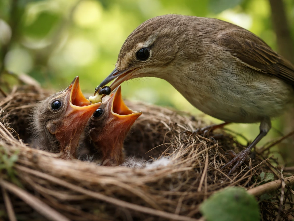 A mother bird feeding her chicks at a natural nest with open-mouth beaks.