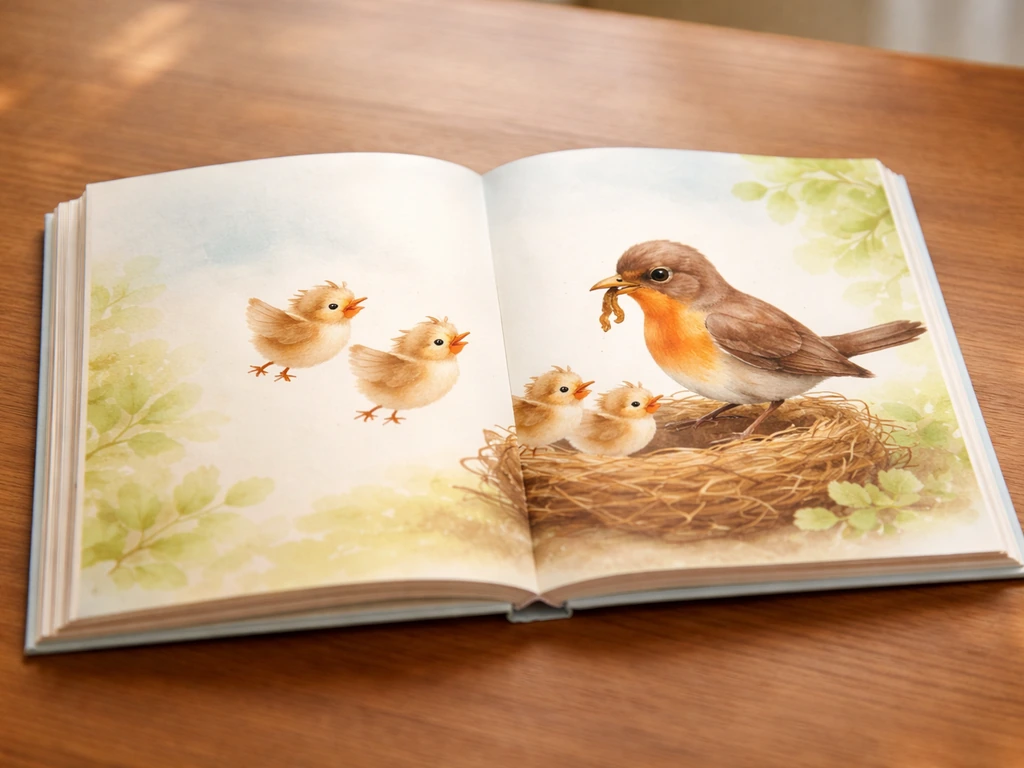 Open children’s book showing a simple scene of small birds flying back to their mother bird