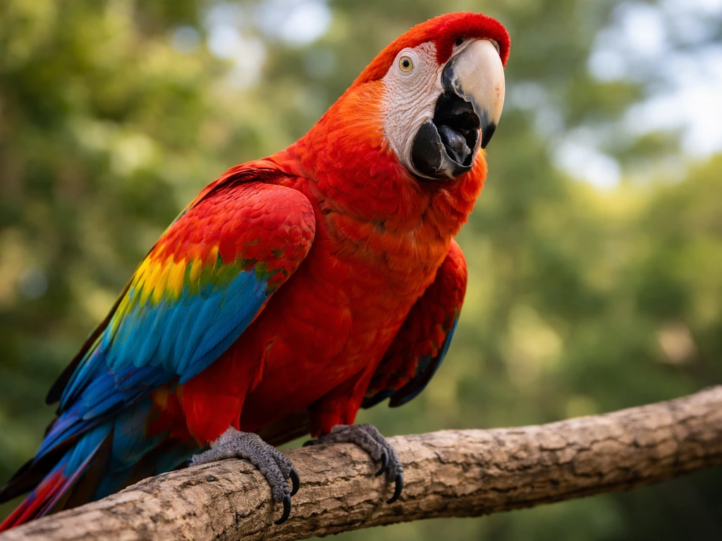 Vivid macaw perched in a simple outdoor setting, mouth open in a loud call with bold posture.
