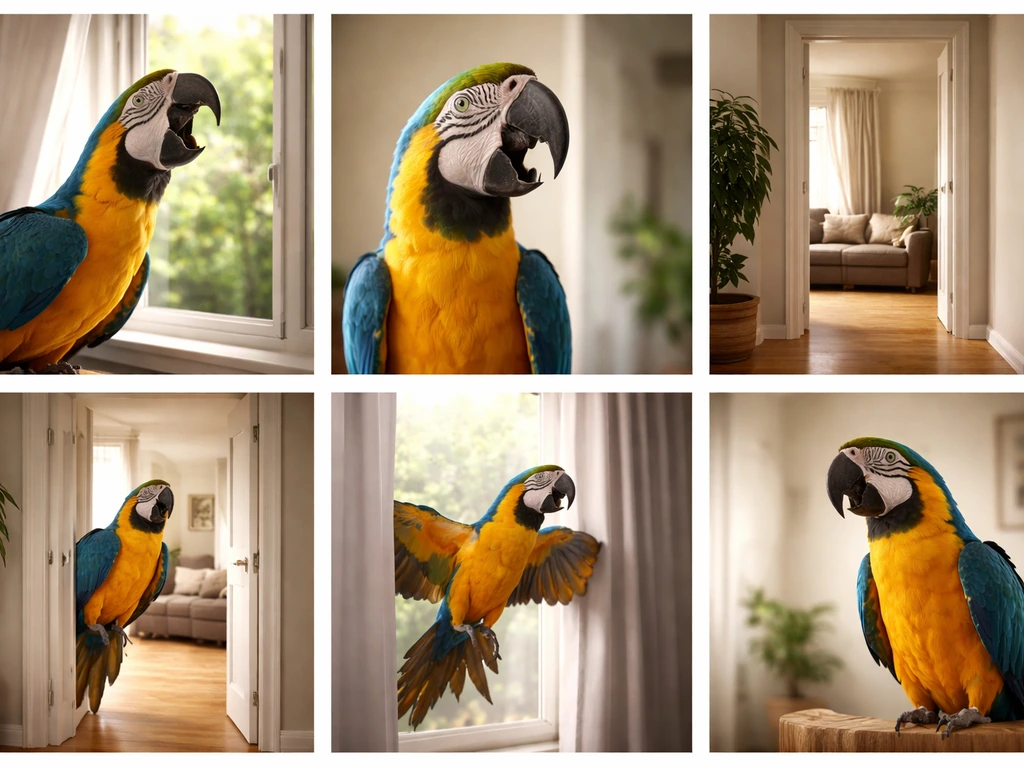 Grid of six small macaw mini-scenes: calling, speaking, ignored call, arriving, seeking attention, and waiting.