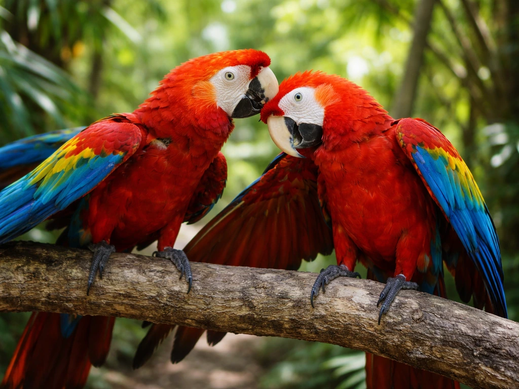 Two wild macaws preening and calling to each other in flight-side courtship, lush jungle background.