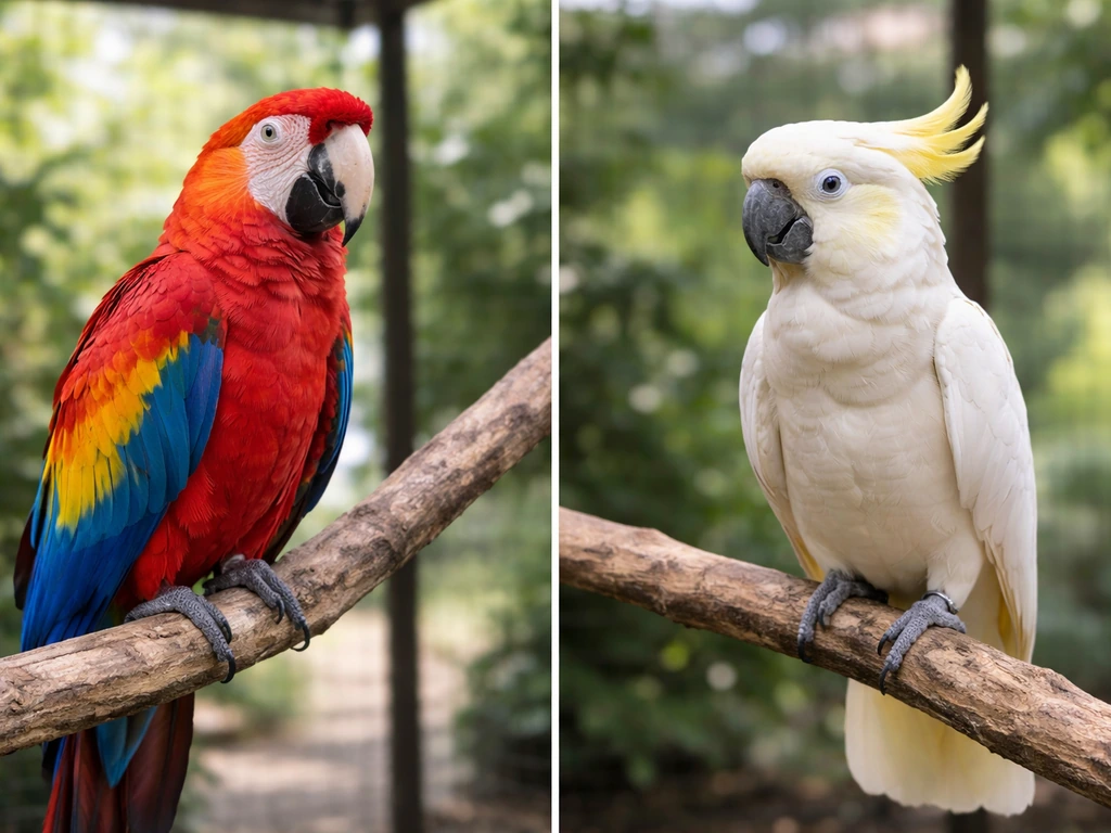 A vibrant macaw and a different parrot perched side-by-side in a simple outdoor aviary.