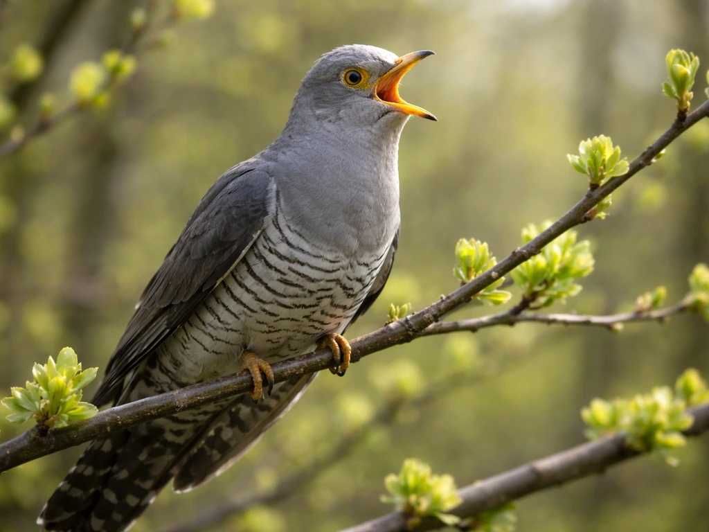 Common Cuckoo perched on spring branches with mouth open, calling amid a softly blurred woodland background