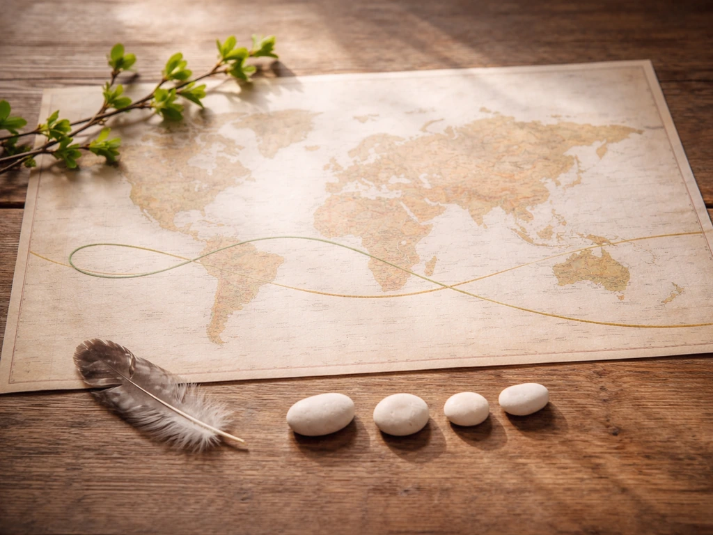 Minimal setup with a blank map, green sprigs, a feather, and stones suggesting cuckoo-call spring beliefs.