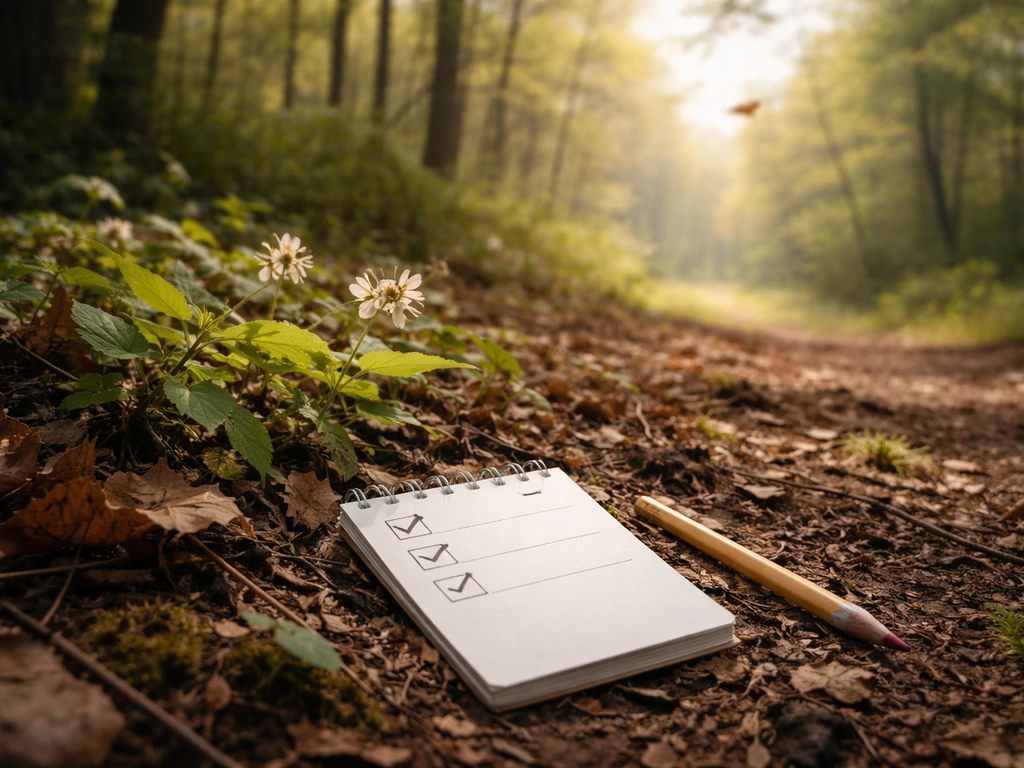 Late-spring forest edge with blossoms, a notebook checklist, and a distant bird silhouette.