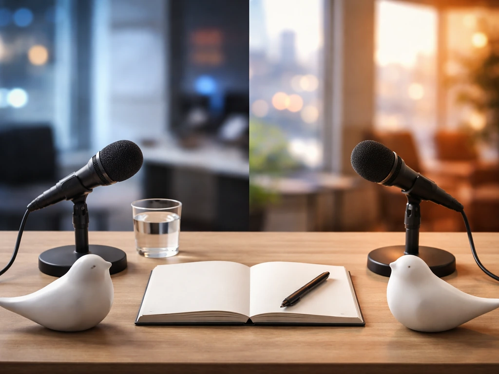 Minimal media desk scene with two microphones suggesting contrasting sounds; no birds or text.