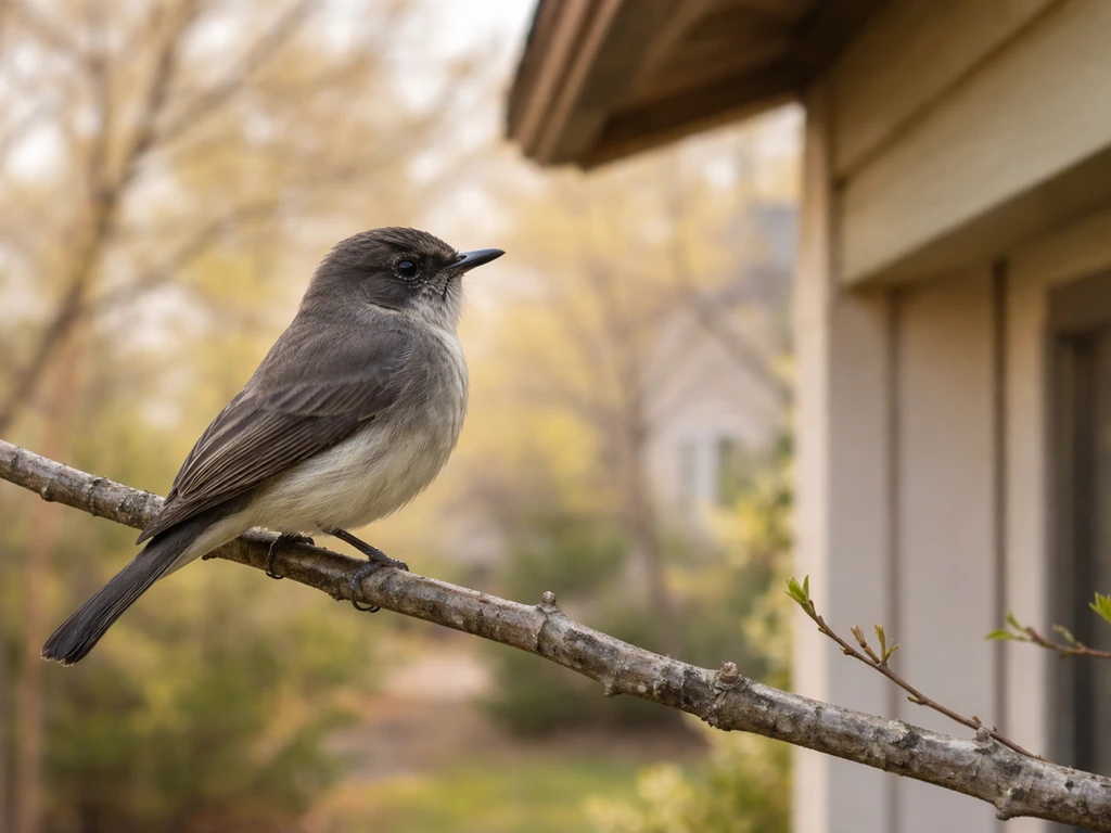 An Eastern Phoebe perched on a tree branch near a building eave in early spring light.
