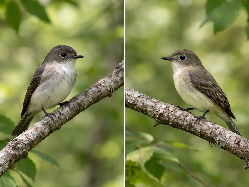 Minimal field guide comparison photo of two small flycatchers on branches in soft woodland light