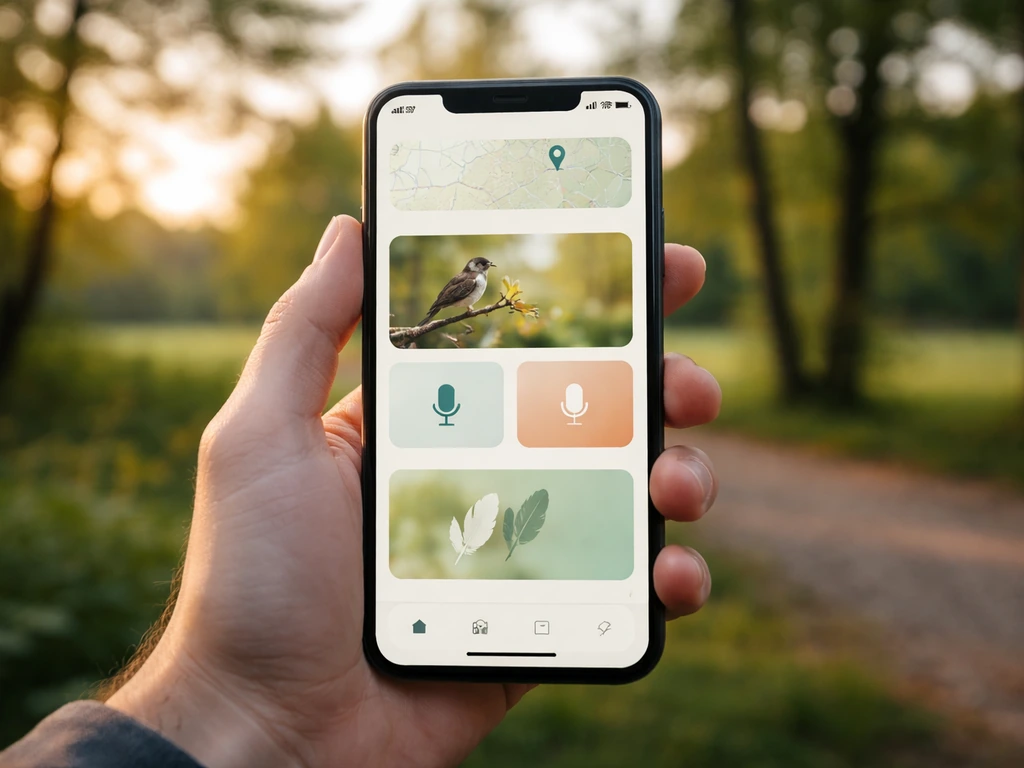 A hand holding a smartphone showing a bird ID app workflow with a blurred outdoor background.