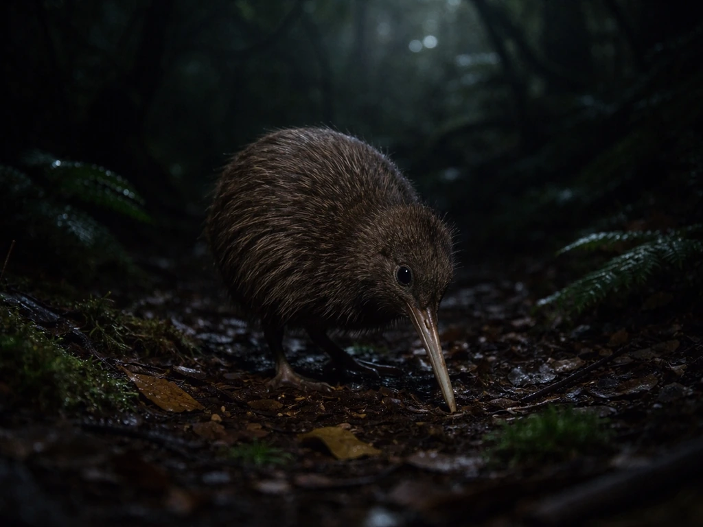 A kiwi bird moving on the forest floor at night under dim moonlight, highlighting nocturnal uniqueness.