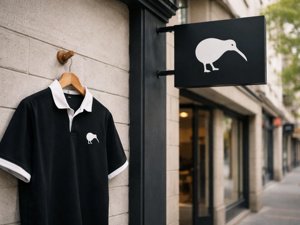 Street storefront with a hanging rugby jersey and a kiwi-like emblem sign, no readable text.