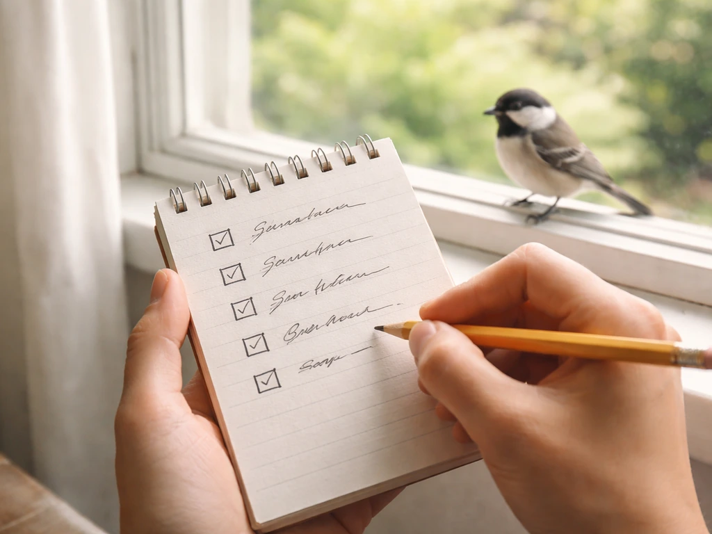 Person’s hand near window watching a small bird, with a simple checklist-style bird sign guide.