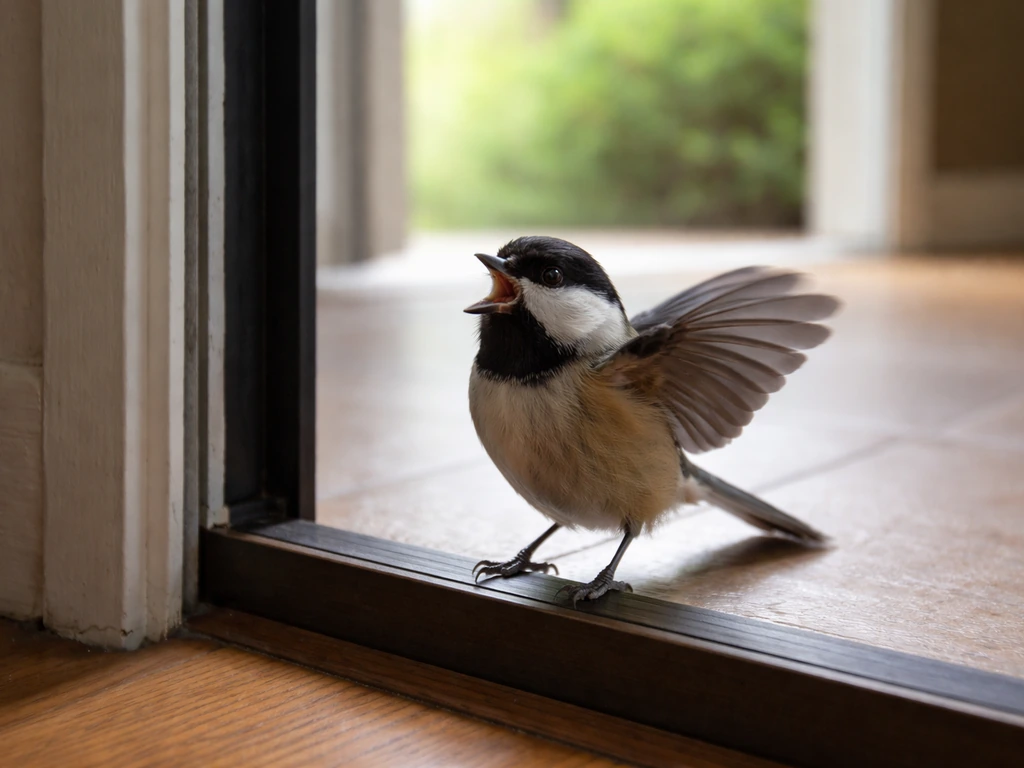 A small bird chirping on an open doorway threshold in soft natural light.