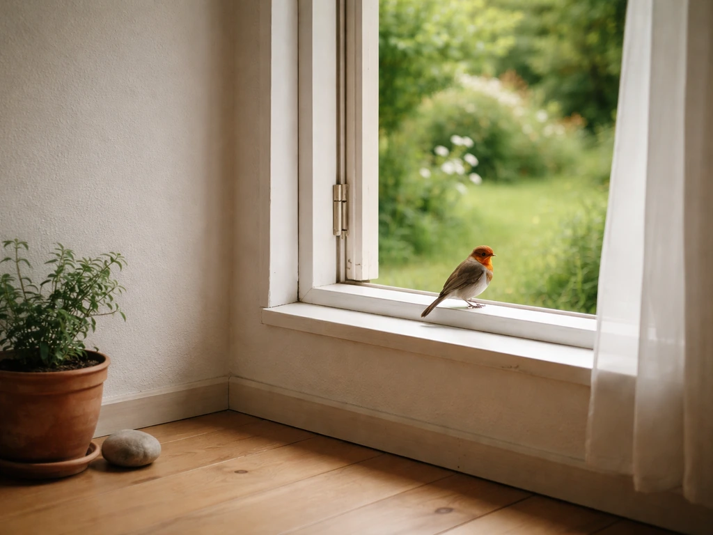 Bird perched near an open window indoors, with an outdoor yard visible beyond the window.