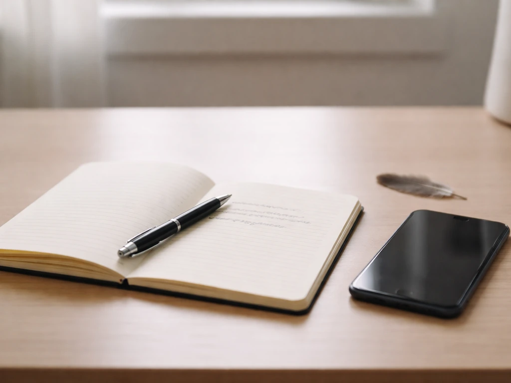 Close-up of a pen writing in a notebook beside a phone, suggesting steps after a bird omen