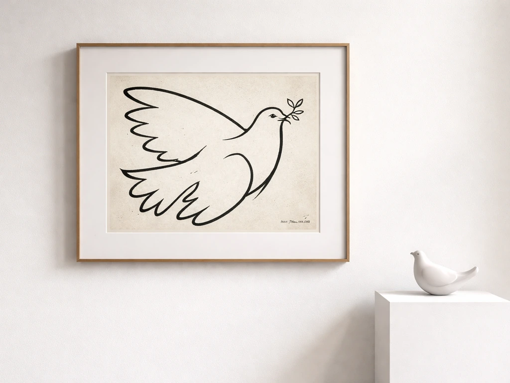 Black-and-white dove lithograph-inspired artwork on a gallery wall, with a small peace offering nearby.