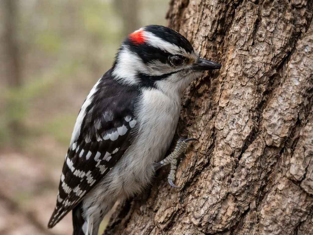 Woodpecker tapping a tree trunk with its beak, showing the action on bark