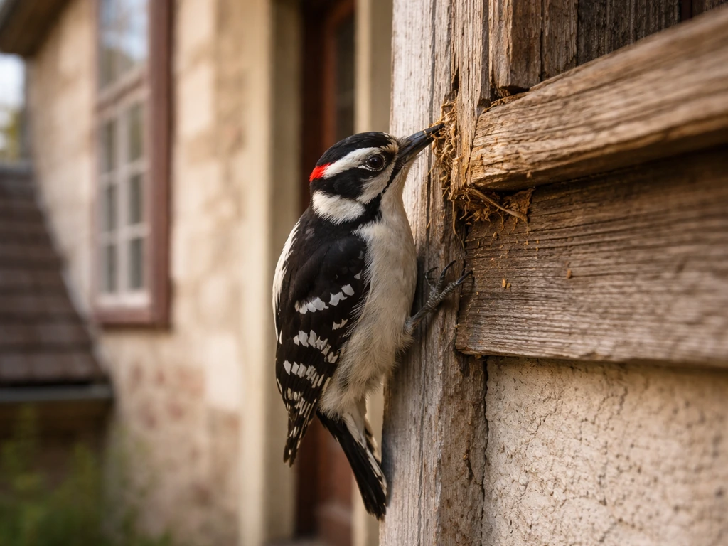 A woodpecker pecks at the exterior wooden siding of a house in natural morning light.