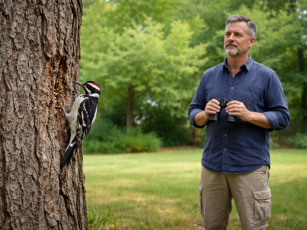 Homeowner observing a woodpecker from a safe distance with binoculars in a quiet yard.