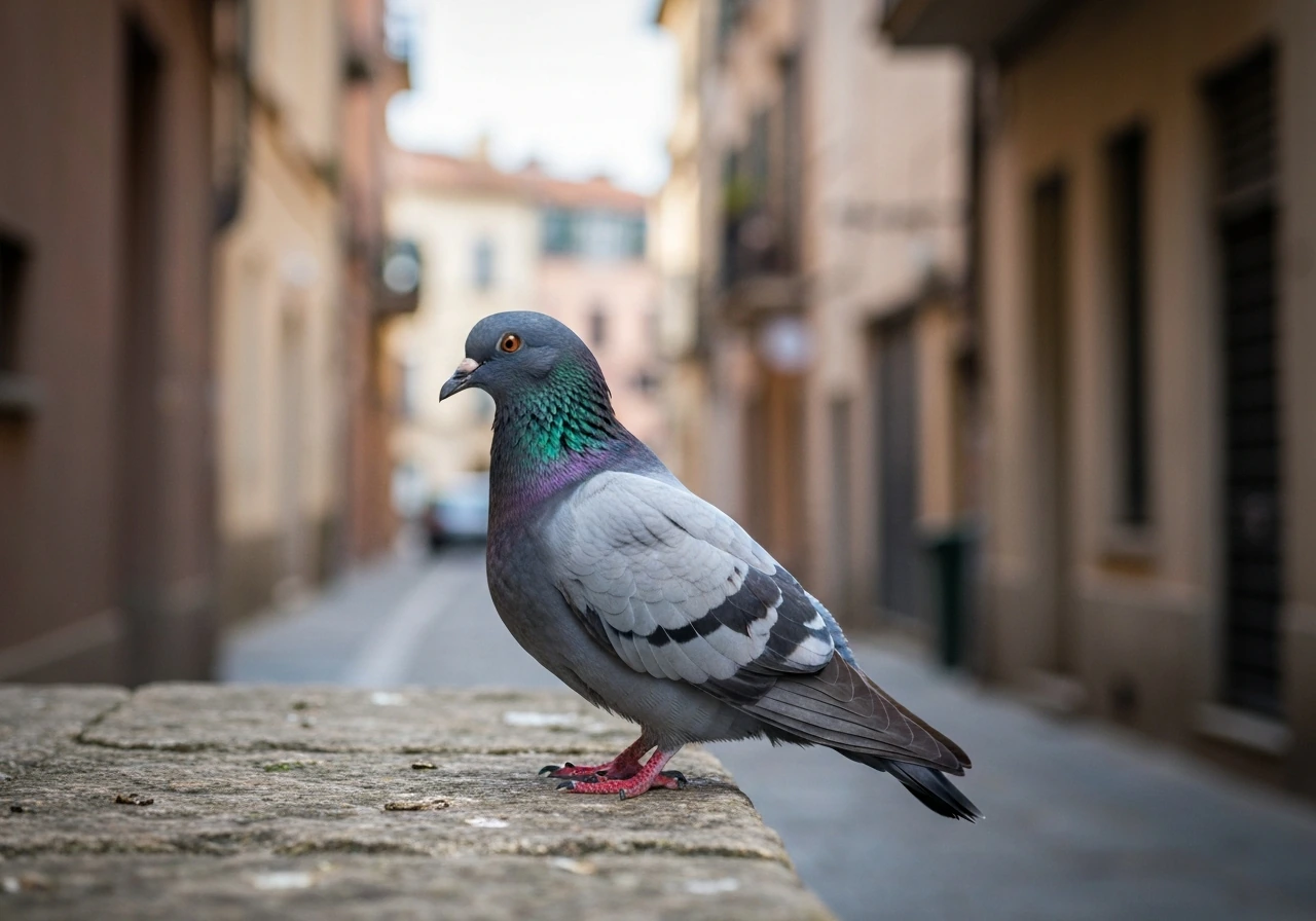 A realistic rock pigeon perched on a city ledge with soft urban background blur.