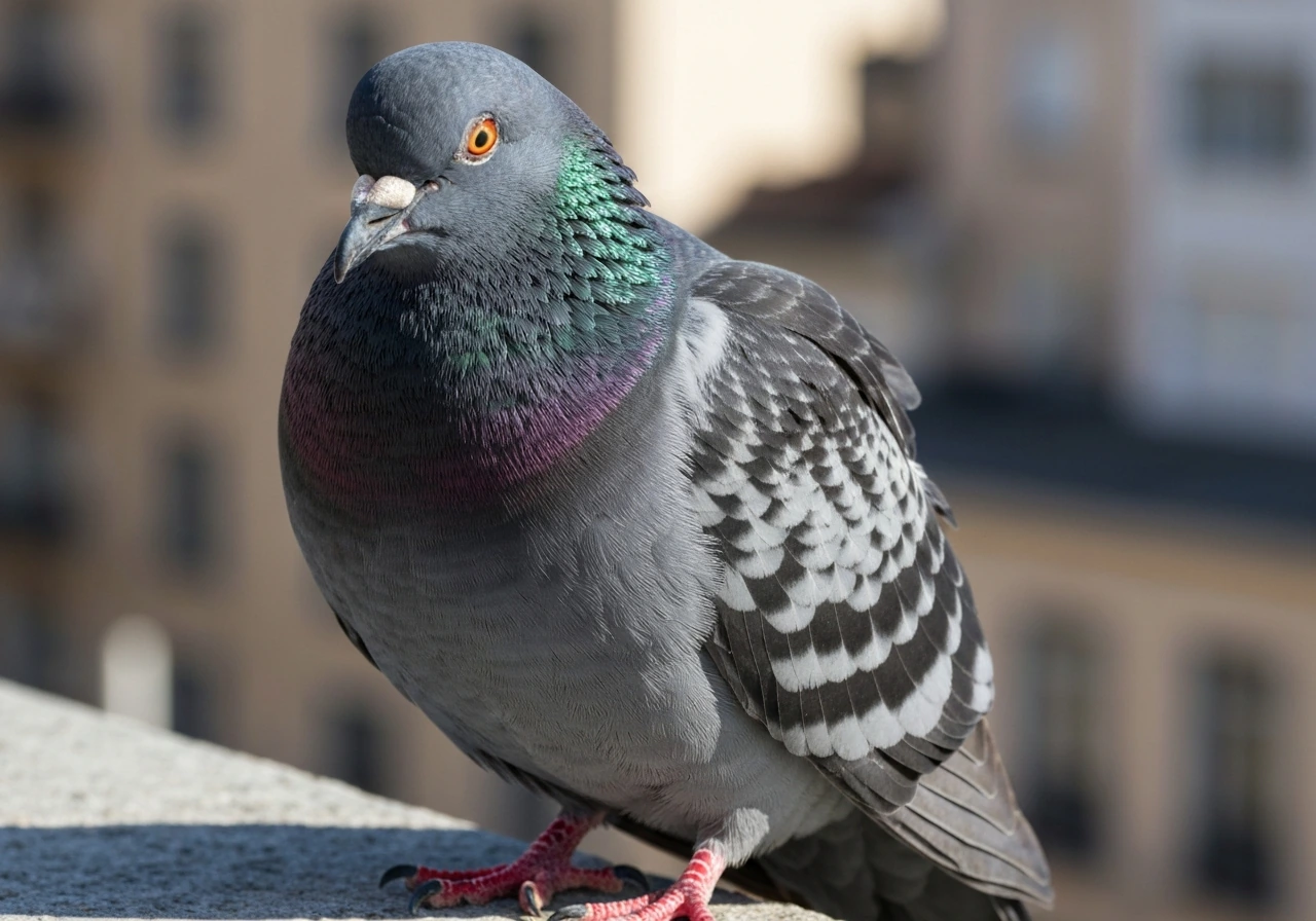 Close-up of a rock pigeon perched outdoors, showing detailed gray plumage and beak.