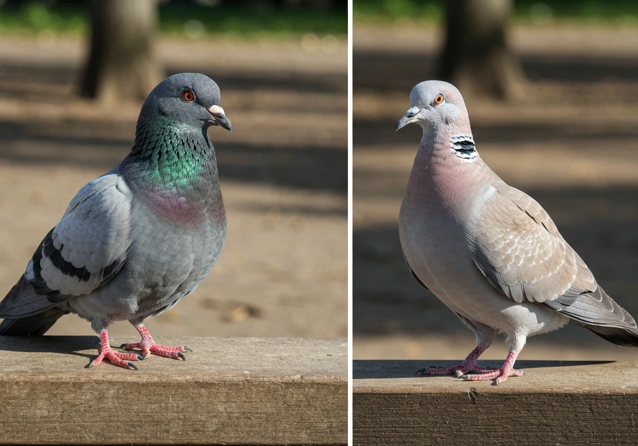 Side-by-side pigeon and dove on a bench, clearly showing distinct shapes and plumage.