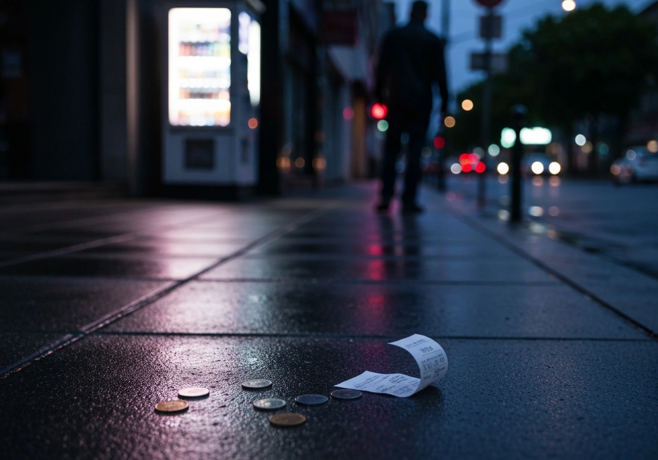 Silhouetted figure near wet pavement with coins and a crumpled receipt, evoking being targeted in a con.