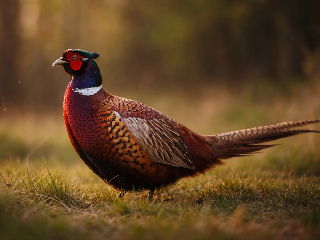Male ring-necked pheasant with iridescent neck and long tail in a moody field setting at dusk.