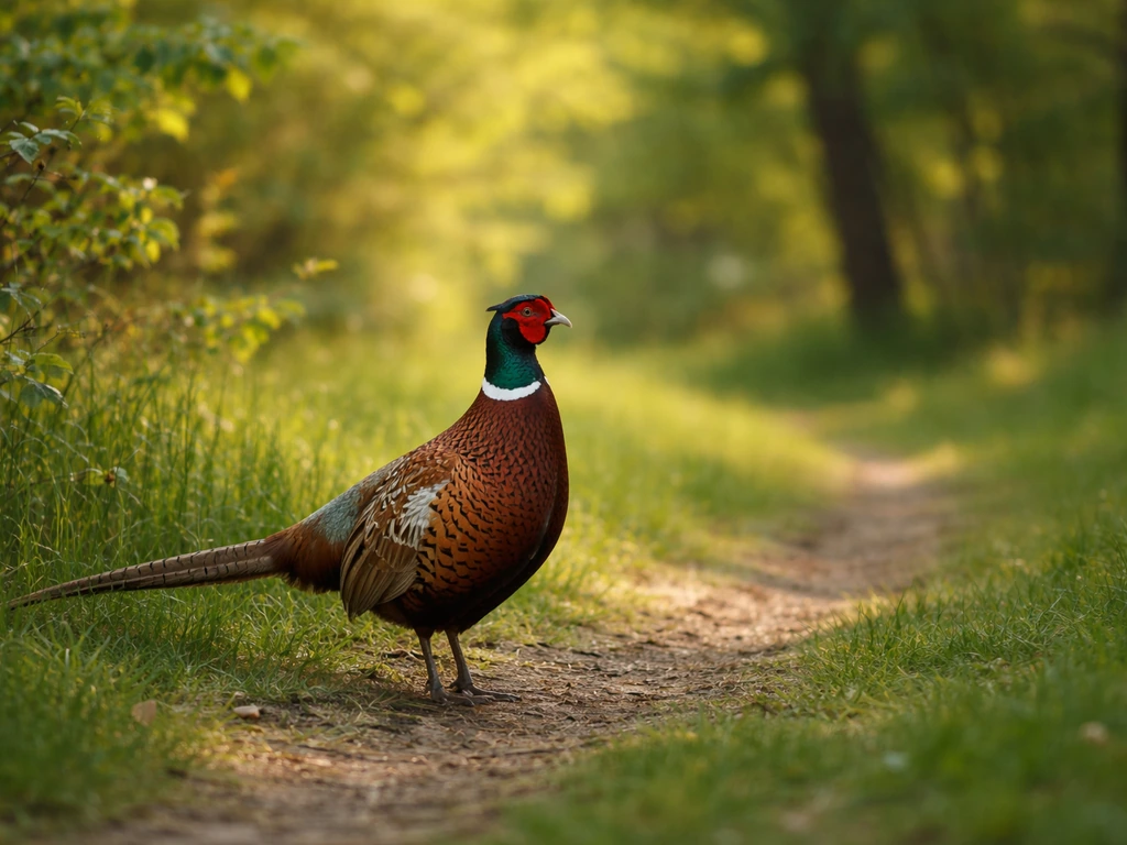 Ring-necked pheasant with long tail in soft daylight on a grassy woodland edge.