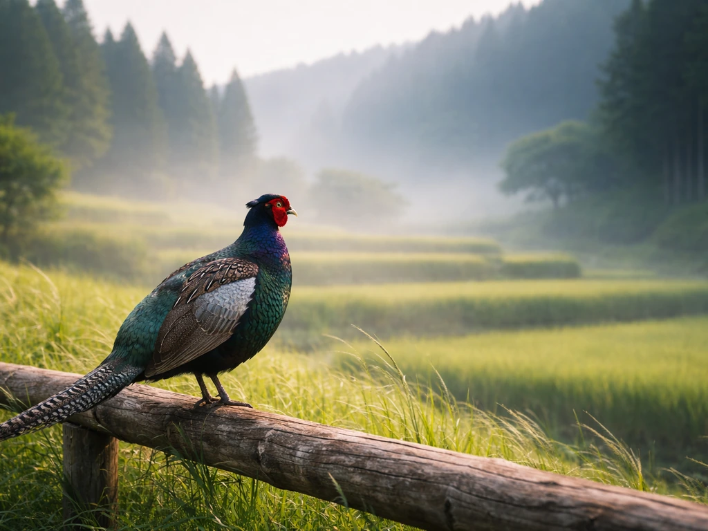 Green kiji pheasant perched near a Japanese fence with misty rice terraces in the background.