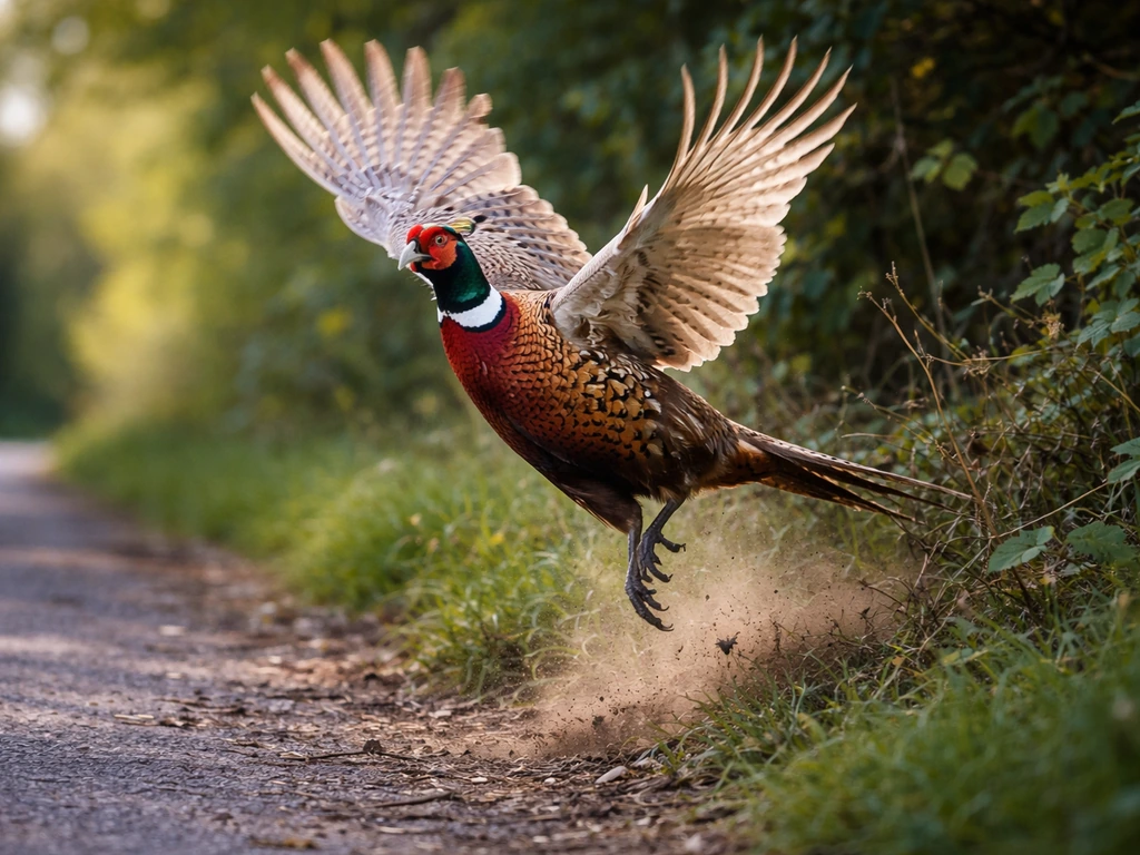 Ring-necked pheasant launching into flight from brush with wings spread in natural light.