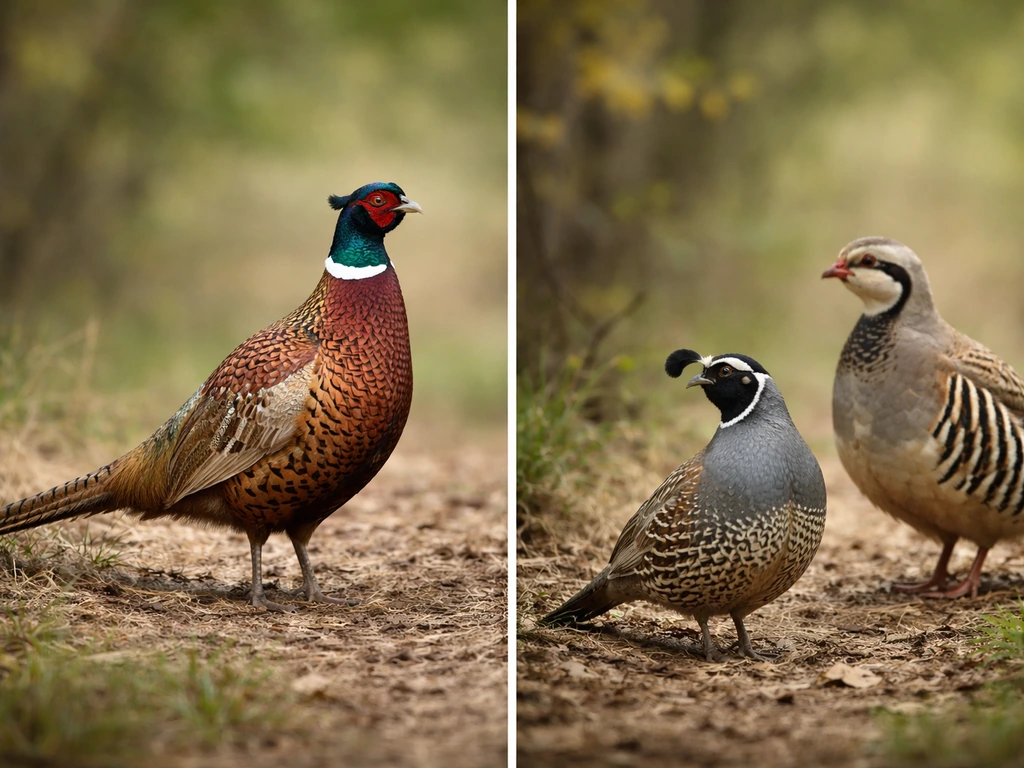 Side-by-side realistic pheasant, quail, and partridge profiles in a simple woodland setting.