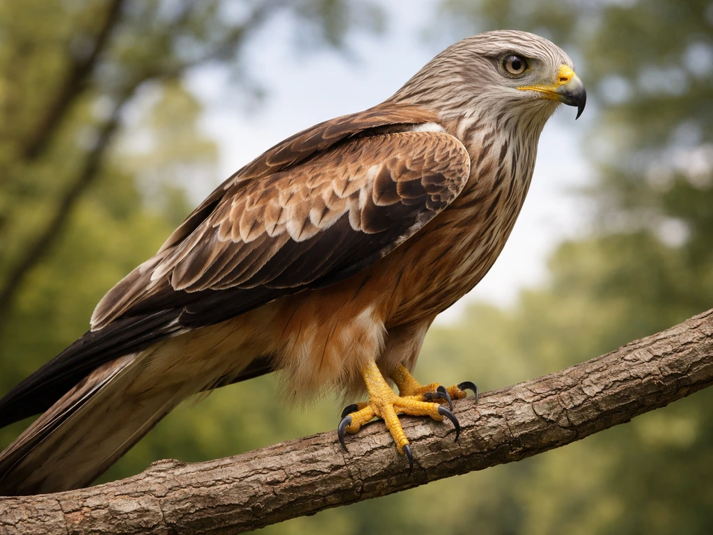 Close-up side view of a kite-type raptor perched on a branch, showing talons and body shape.