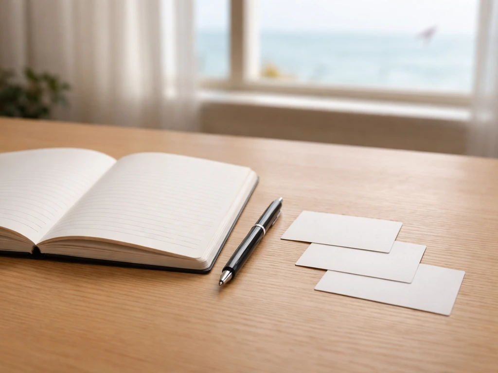 Blank notebook and index cards on a wooden desk, with soft daylight suggesting translation options.