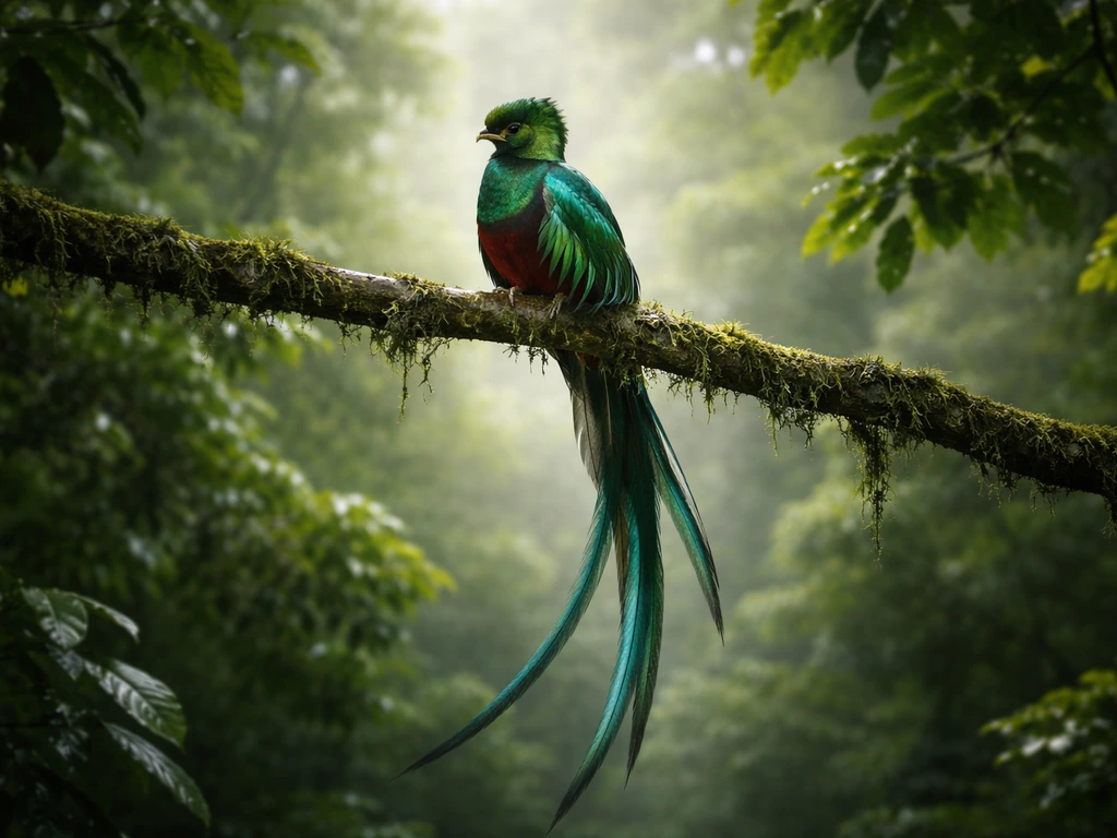 A quetzal bird perched on a mossy branch in rainforest canopy, showing vivid iridescent plumage.