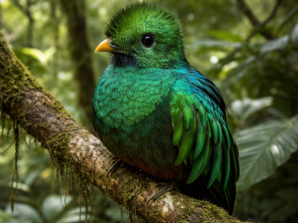 Close-up of a resplendent quetzal perched on a mossy branch, showing iridescent green plumage in natural light.