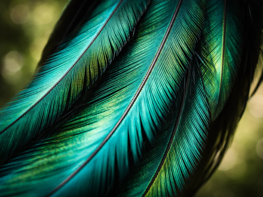 Macro photo of iridescent quetzal tail feathers with fine textures and shimmering color.
