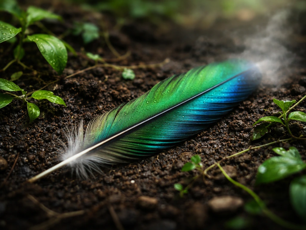 Iridescent quetzal feather on damp soil with green leaves and light mist, symbolizing renewal and life moisture.