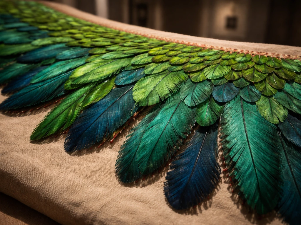 Close-up of intricate Mesoamerican featherwork with quetzal-style green-blue plumage on a museum display