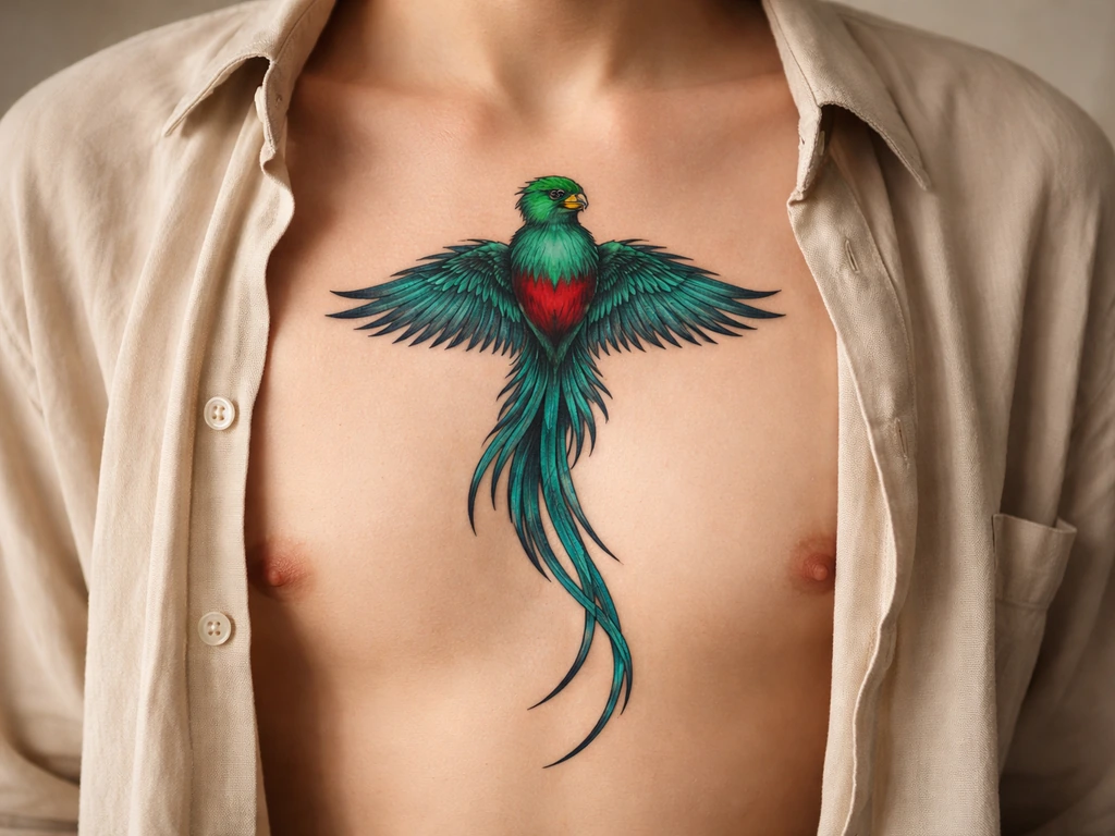 Stylized quetzal tattoo mockup centered over the heart on a model’s upper chest, face hidden.