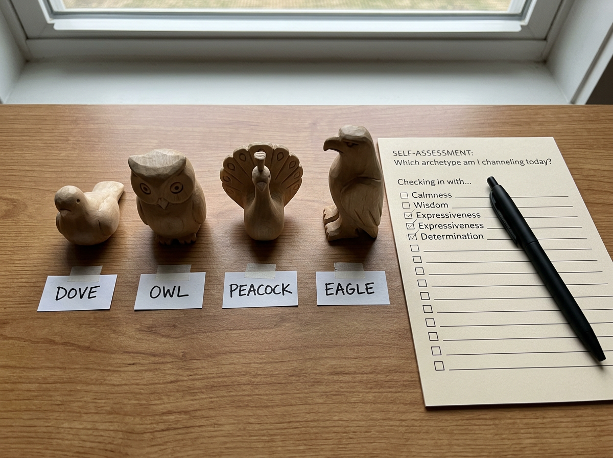 Four bird archetype figurines beside a blank self-assessment sheet