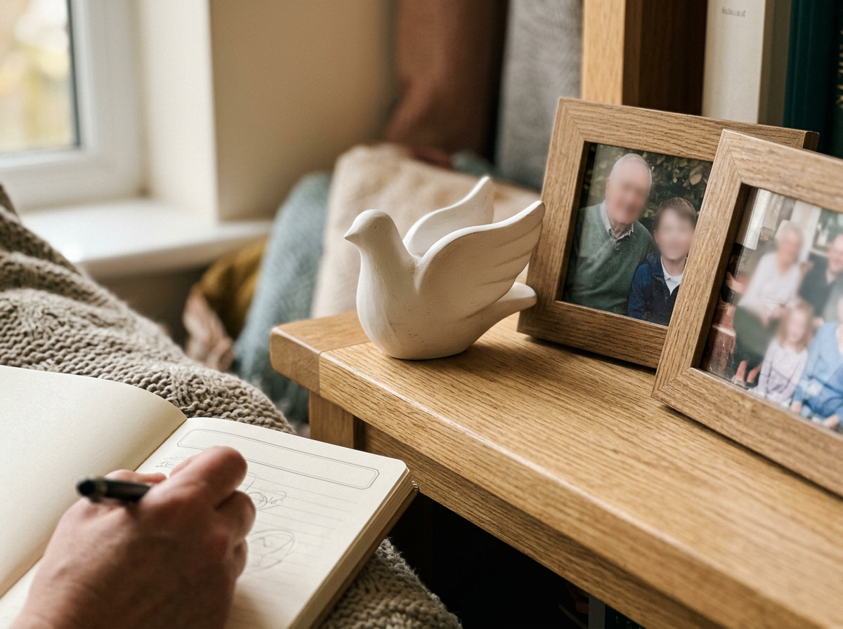 Dove archetype setup with reflective notes and a dove figurine