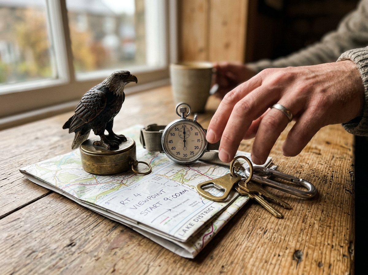 Eagle archetype setup with stopwatch, map, keys, and an eagle figurine