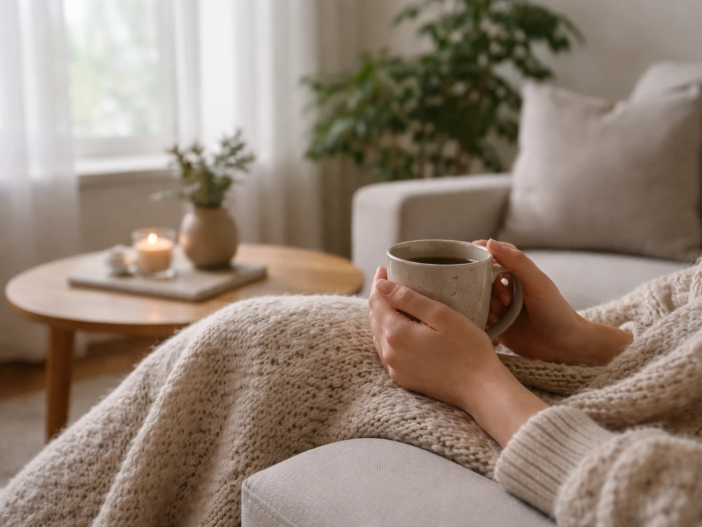 A cozy home scene showing a person’s closeness to home—feet on a sofa with a warm mug by a window