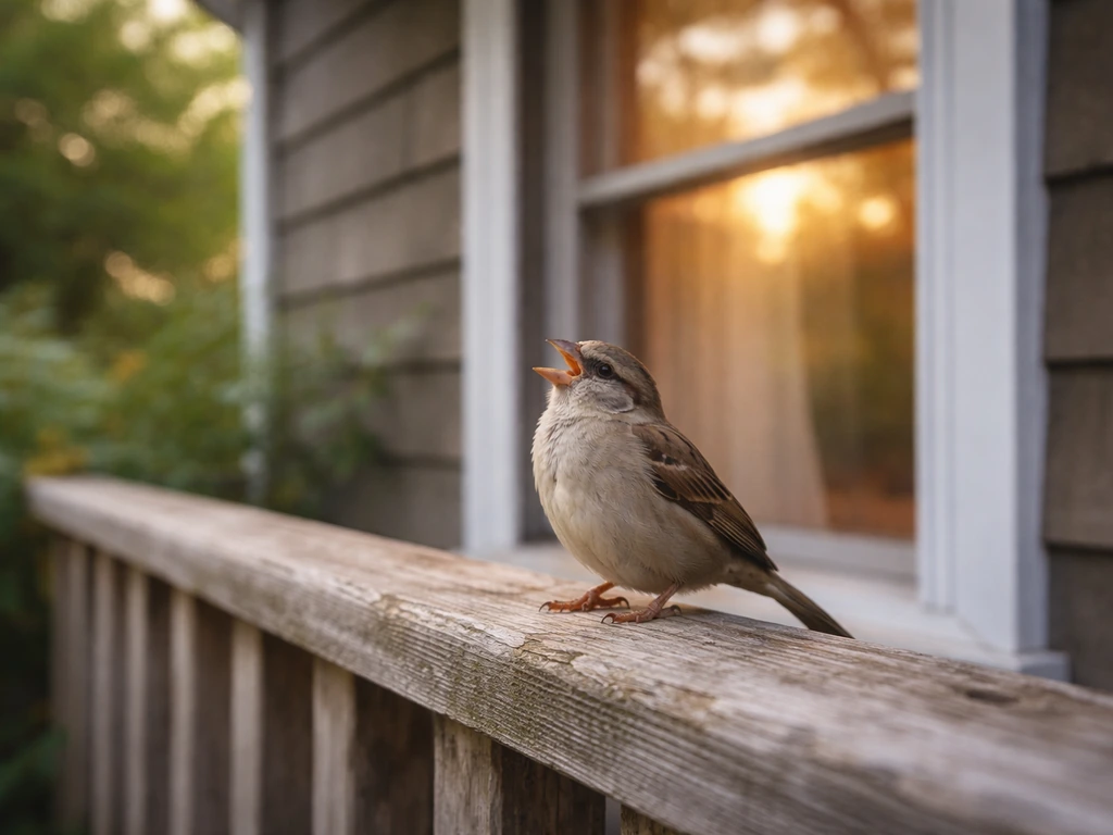 Small songbird perched on a porch railing, singing near a cozy home window.