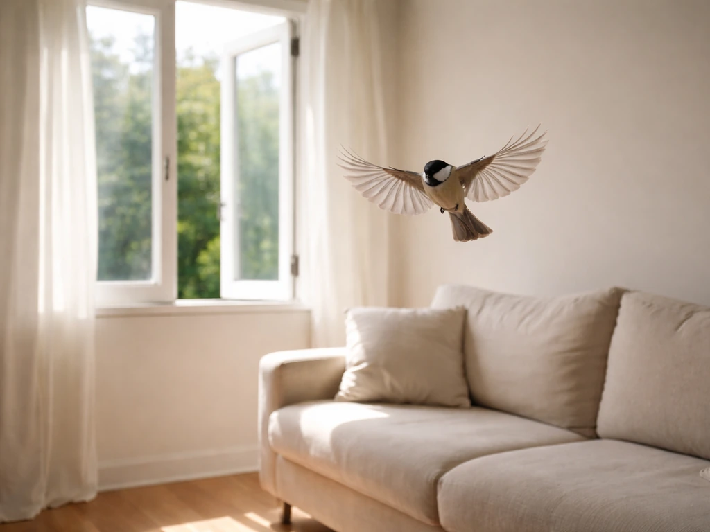 A small bird flying through a bright room toward an open window