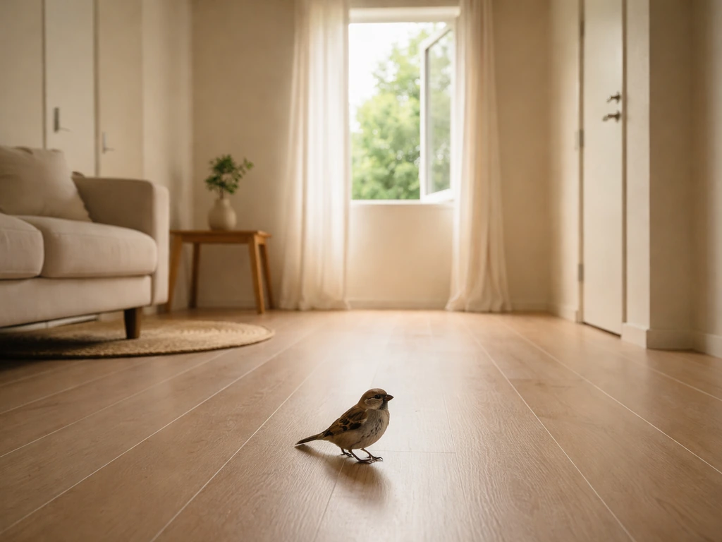 A small wild bird sits in a quiet room as doors are closed and a window exit is left open.
