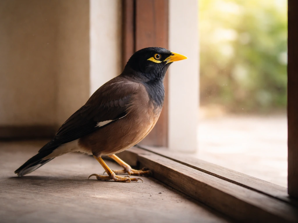 Common myna bird perched at a home window threshold, natural light highlighting its detailed feathers.