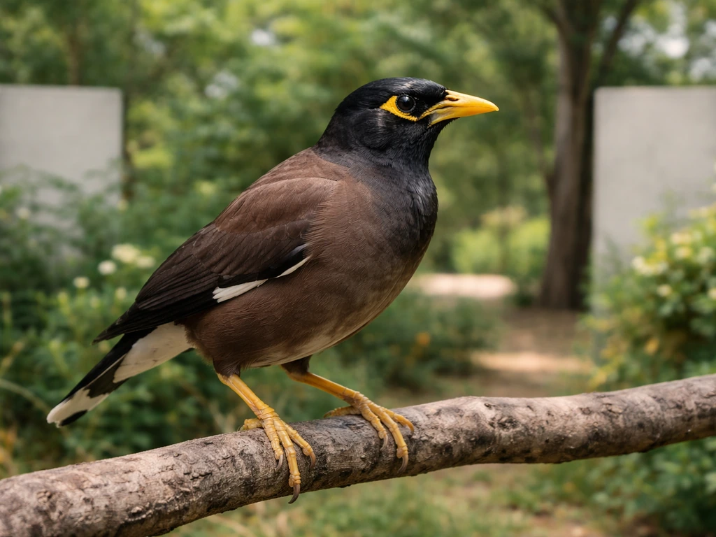 Common myna bird perched in soft daylight, highlighting bright yellow beak and dark brown body.