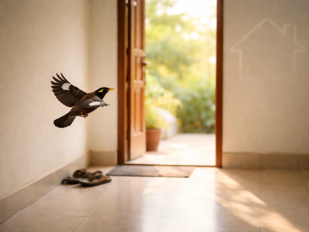 A myna bird flies toward an open doorway, soft daylight spilling into a quiet home entrance.